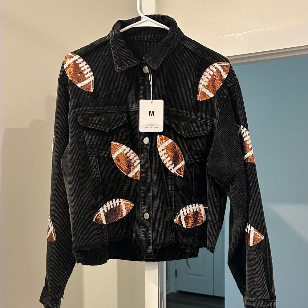 Black Corduroy Jacket with Football Print